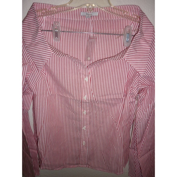 Blashe Striped Off Shoulder Bell Sleeve Square Neck Button Up Blouse M - Picture 3 of 9